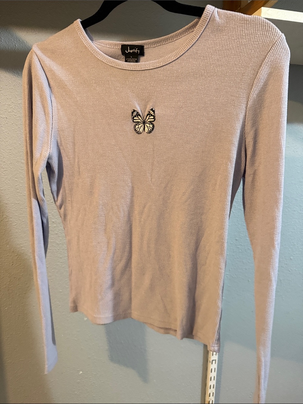 Justify Lilac Ribbed Long Sleeve Top with Butterfly Patch